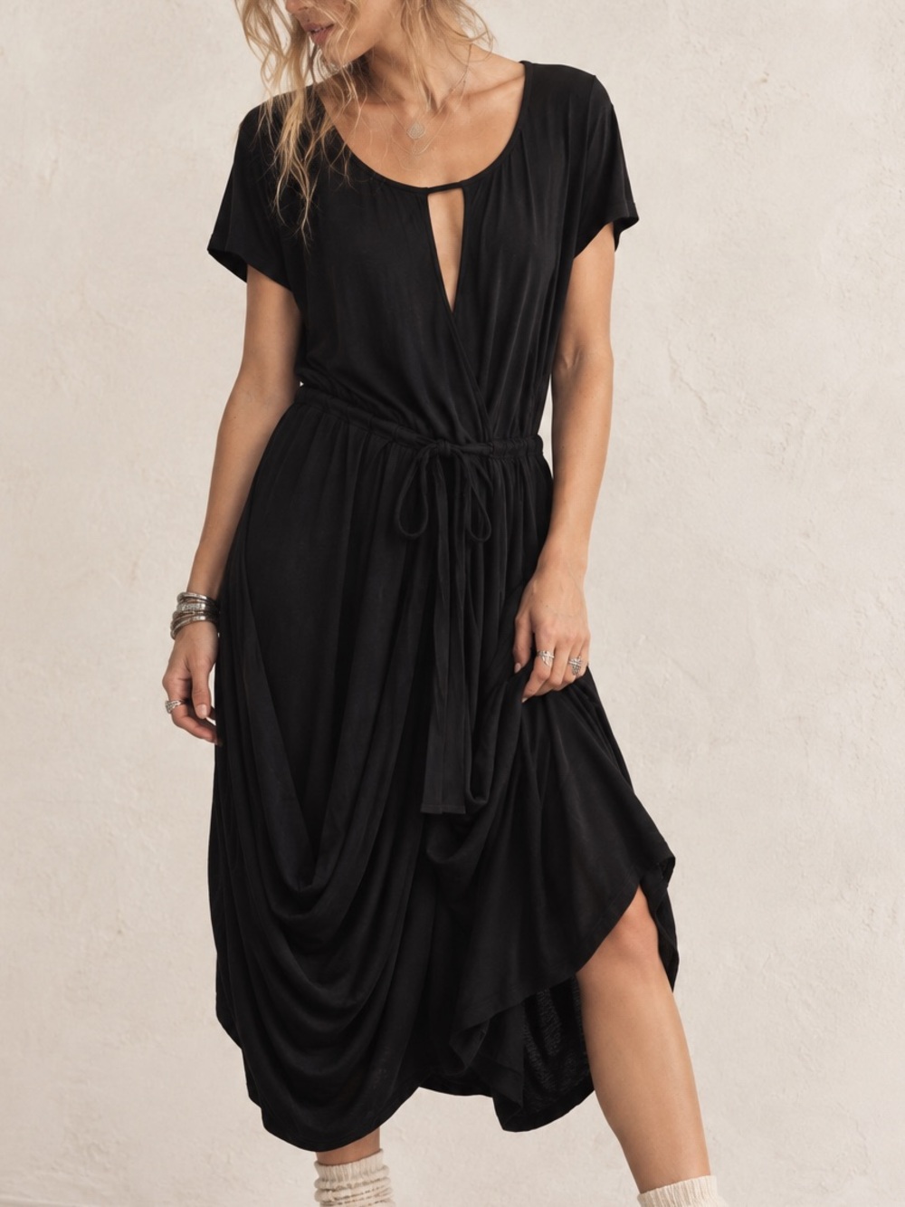 Free People Draped Linen Blend Short-Sleeve Midi Dress Tie Waist